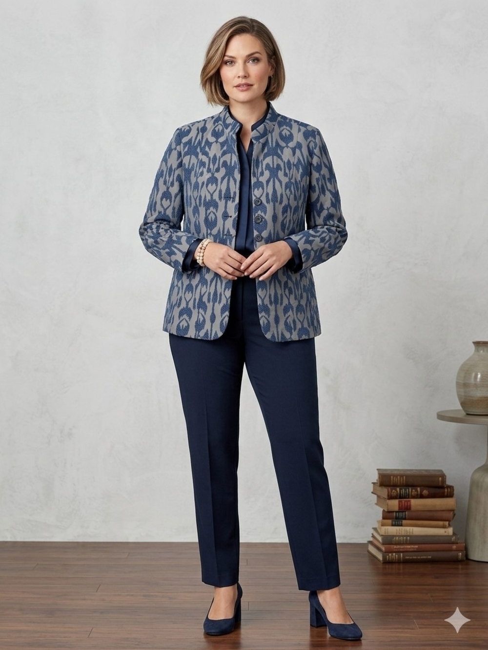 Coldwater Creek Blazer Blue Embroidered Ikat Mandarin Collar Jacket - 16